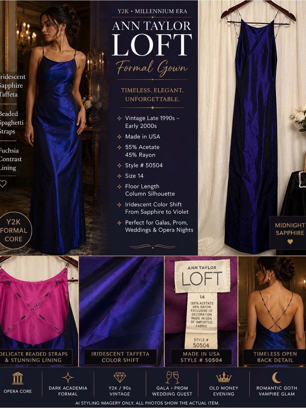 VTG Y2K Ann Taylor LOFT Sapphire Taffeta Beaded Strap Formal Gown 14 USA EUC